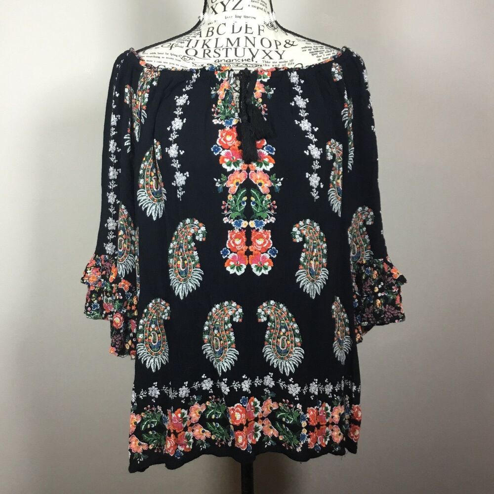 Bila black paisley floral peasant top tassels tie double ruffle 3/4 sleeve L
